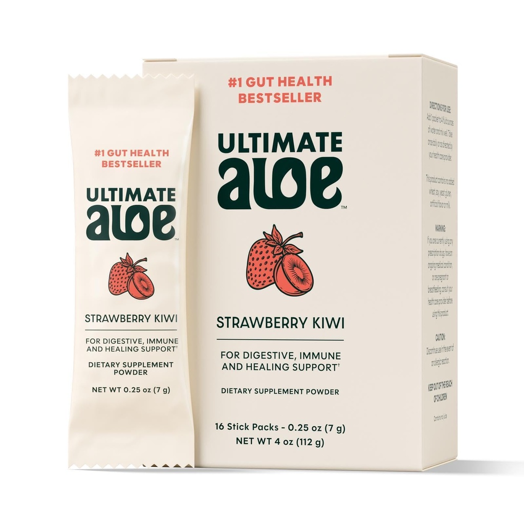 Ultimatives Aloe-Pulver – Erdbeere Kiwi Flavor, unterstützt Verdauungsgesundheit, Immunsystem und normale Heilung, Aloe in bequemen Pulver-Packets, 16 Packungen, Glutenfrei, Vegan, Non-GMO