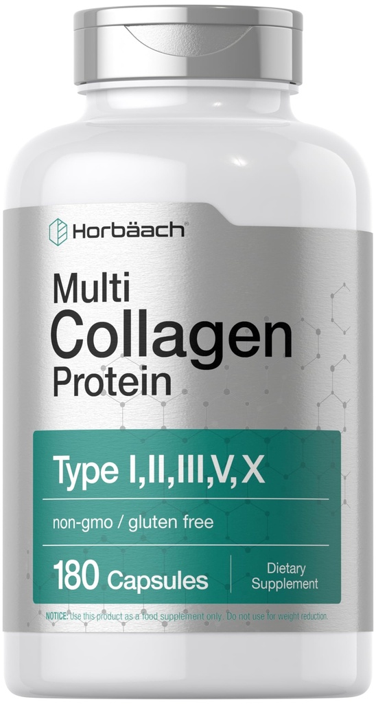 Horbäach Multi Collagen Protein 2000 mg | 180 Kapseln | Hydrolysierte Collagen Typ I, II, III, V, X | Keto & Paleo Friendly, Non-GMO, Glutenfreie Ergänzung