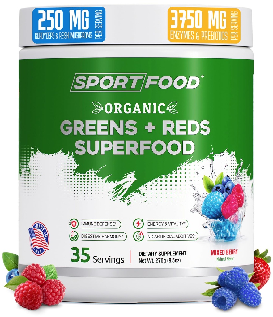 Bio Greens & Reds Superfood Pulver | Mixed Berry Flavor | 25+ Super Fruits & Veggies, Beets, Prebiotics | Energizing, Antioxidant-Rich, Keto-Friendly Smoothie Mix | 35 Portionen
