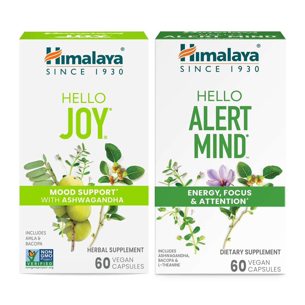 Himalaya Hallo Freude mit Ashwagandha für Verbesserung Mood und Spirituosen & Himalaya Hello Alert Mind mit Bacopa für Energie, Fokus & Aufmerksamkeit, Kräuterergänzung, 60 Kapseln Jede