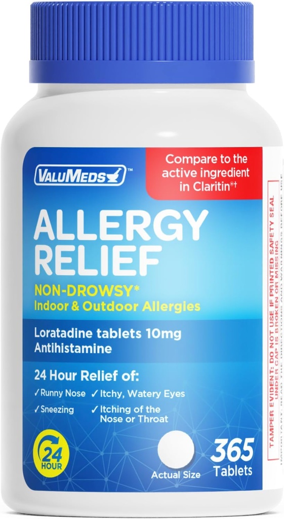 ValuMeds Loratadine 10mg Non-Drowsy 24-Stunden Allergy Relief Indoor & Outdoor | All-Day Antihistamin Alergy/Sinus Pillen für Runny Nose, Sneezing, Itchy, Watery Eyes | Vergleichen Sie mit Claritin | 365 Tabletten