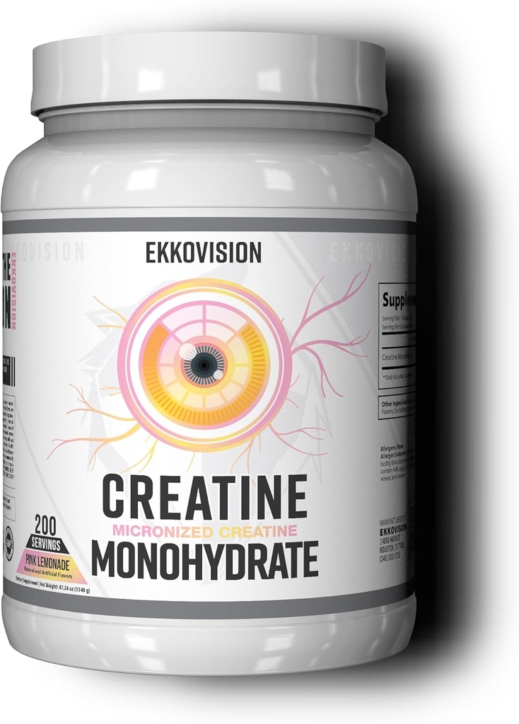 Ekkovision Kreatin Monohydrat-Pulver, Micronized, Pink Lemonade, Pre Workout & Post Workout-Ergänzung für Männer und Frauen, Energie-Unterstützung, einfach in Shakes, Smoothies & Getränke, 200 Servierungen zu mischen