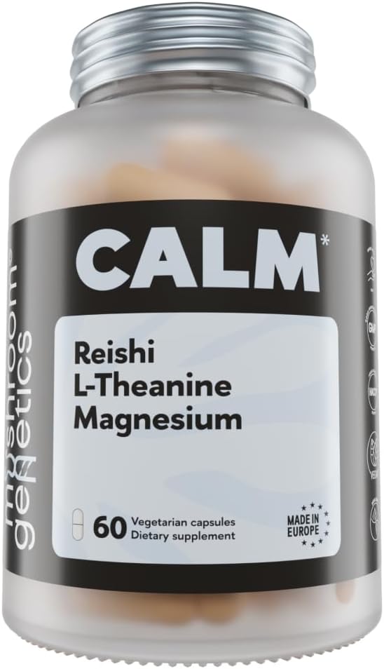 Mushroom Genetics Reishi, L-Theanin & Magnesium Supplement – Adaptogenic Mushroom Capsules | Stress Relief Supplement für Entspannung, Schlaf &amp; Immune Gesundheit | Gehirn Wellness Support | 60 Kapseln