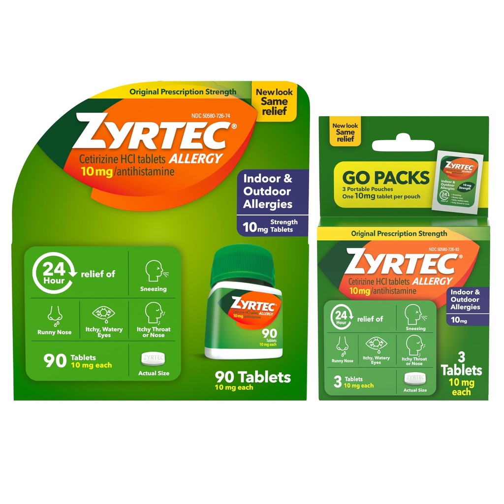 Zyrtec 24 Hour Allergy Relief Tabletten, Indoor & Outdoor Allergie Medizin mit 10 mg Cetirizine Hydrochlorid Antihistamin, Wert Bundle von ein, 90 ct Flasche & Drei, 1 ct Reisepakete