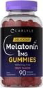 Carlyle Melatonin 1mg Gummis | 90 Count | Fruchtgeschmack Gummy Supplement | Vegan, Non-GMO, glutenfrei