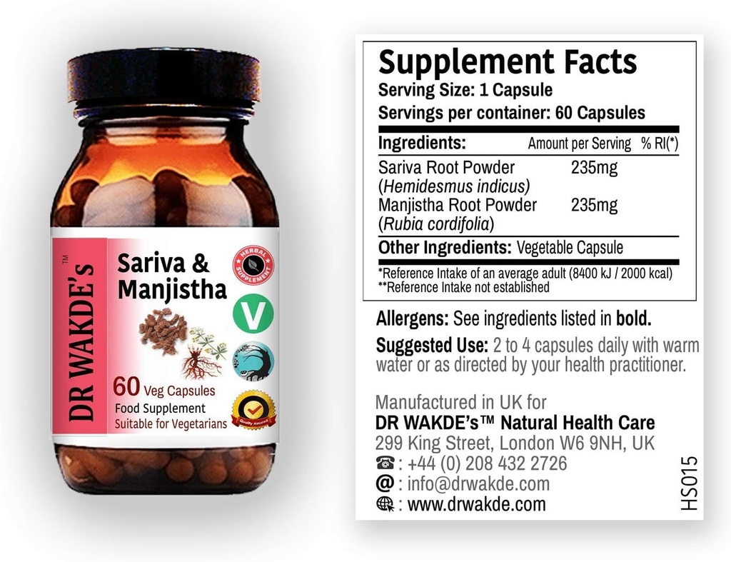 DR WAKDE'S Sariva & Manjistha Capsules (60 Veg Caps, Detoxifying Kräuter, Unterstützt gesunde Haut, Ayurvedic Supplement, Vegan, Kräuter, All Natural, Made in UK)