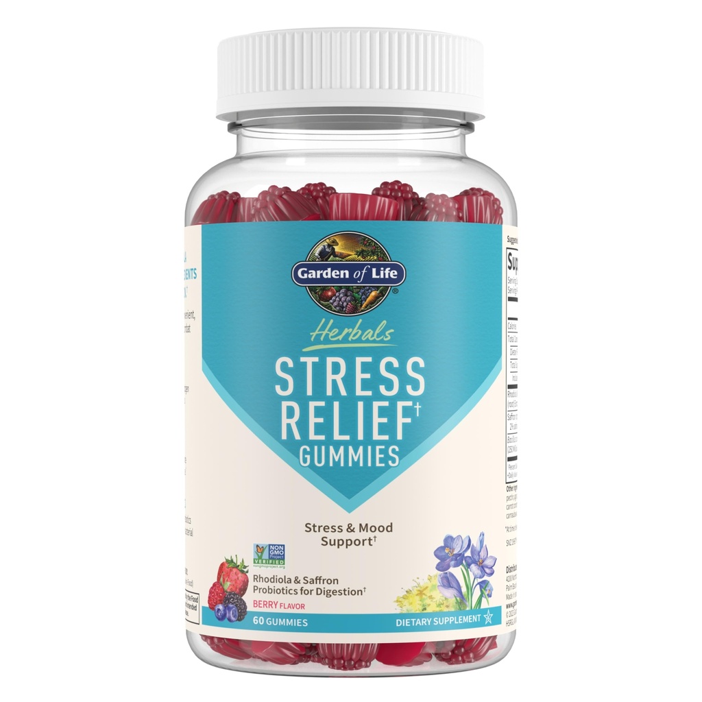 Garten des Lebens Kräuter Stress Relief Gummy mit Rhodiola & Saffron für positive Stimmung & Stress Response Plus Präbiotika & Probiotika für Verdauungsunterstützung – Non-GMO, Gluten-Free, Kosher, 30 Servierungen