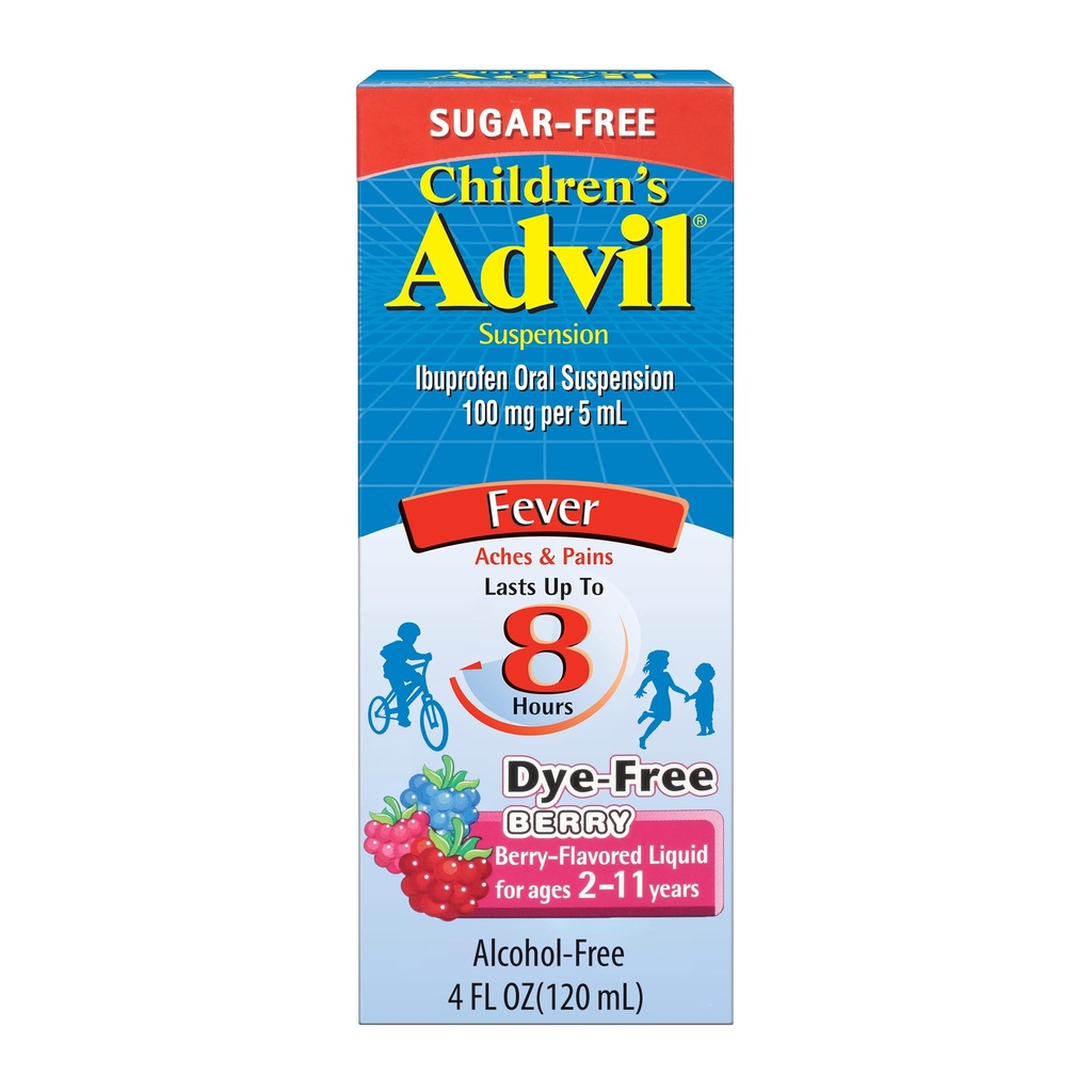 Kinder Advil Pain Reliever und Fever Reducer, Dye Free and Sugar Free Ibuprofen Oral Suspension, Berry Flavored - 4 Fl Oz