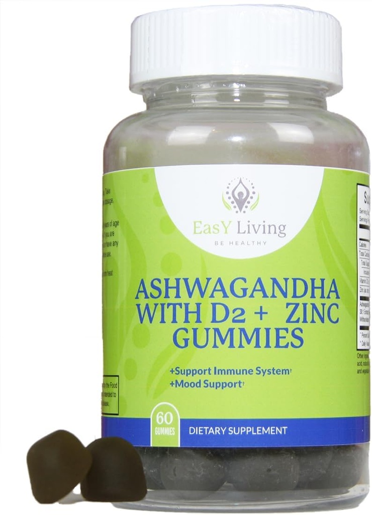 Ashwagandha 1500mg VitaminD2 200mcg Zink 4mg Gummi pS für Stress-Relief & Immunsystem-UnterstützungVVegan Non-GMO Gluten Gelatin Free|60 Zähler