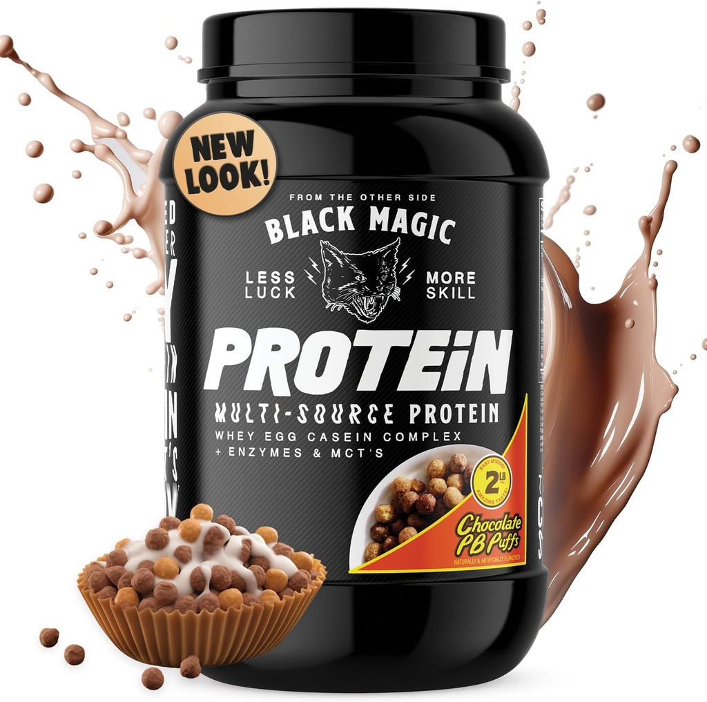 Black Magic Protein Powder - Whey, Egg und Casein Complex mit Enzymen & MCT Powder - Pre Workout und Post Workout - New Look- Famous Chocolate Peanut Butter Puffs - 24g Protein - 2 LB