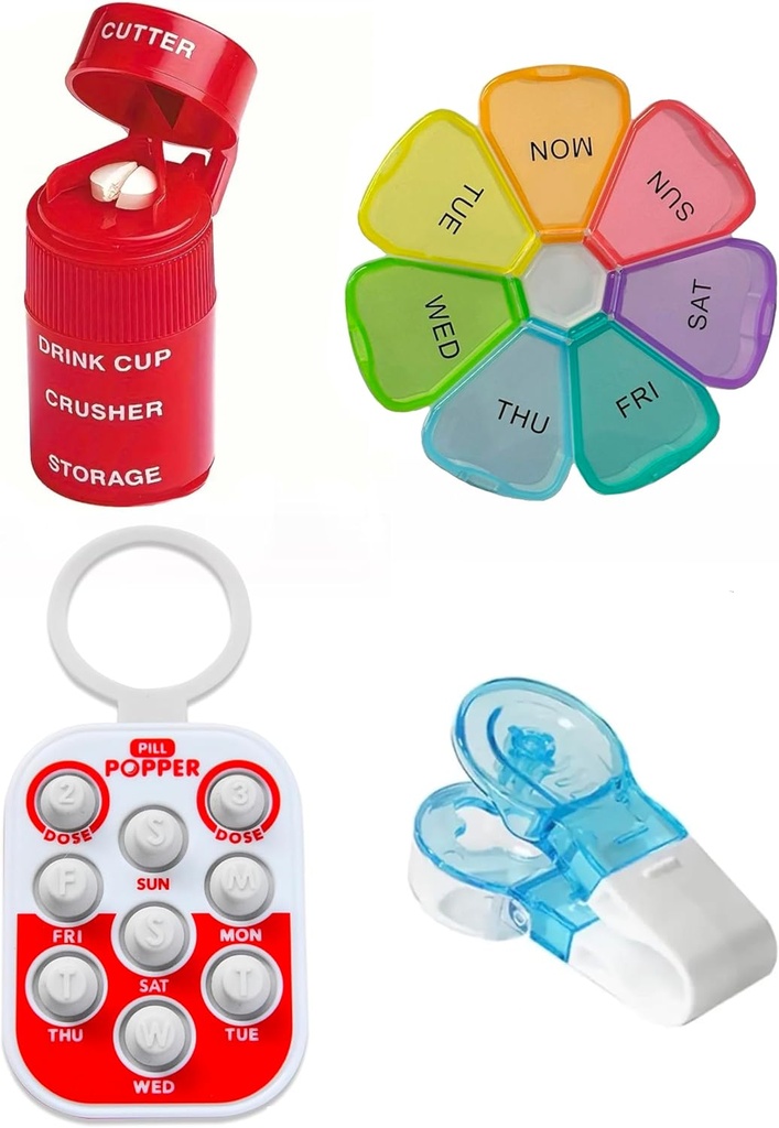 Ultimate Medication Accessoires Bundle – Pill Popper Tracker, 4-in-1 Pill Cutter & Grinder, Easy Pill Remover und extra-Large Weekly Pill Organizer – Perfekt für Senioren & Pflege