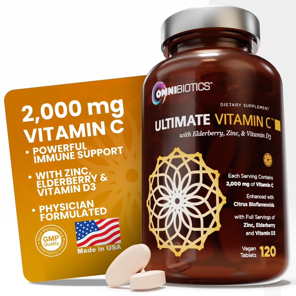 OmniBiotics Ultimate Vitamin C Supplement 2000mg - mit Zink, Holunderextrakt und D3 - High Potency Immune Support & Collagen Booster - 120 vegane Tabletten