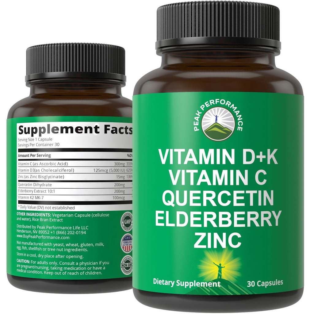 Immununterstützungsergänzung mit 6 Top Zutaten. Vitamin D3 K2 + Vitamin C + Elderberry + Zink + Quercetin. Enthält 5000 IU Vitamin D. Zink 15mg. Immunität Kapseln. Beilagen für Frauen und Männer