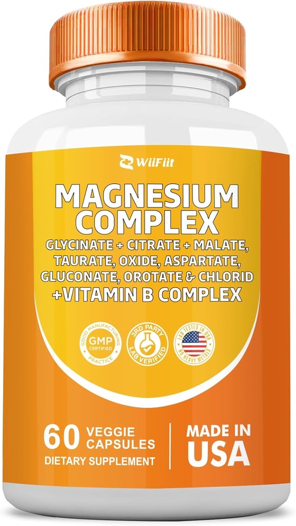 Magnesium Complex Supplement, Clycinat 141mg Oxid 228mg Malat 58.5mg Citrat 62.4mg mit Orotate Glycina Taurate Chlorid Aspartate Gluconate Vitamin B, Mineralische Beilagen 60 Kapseln