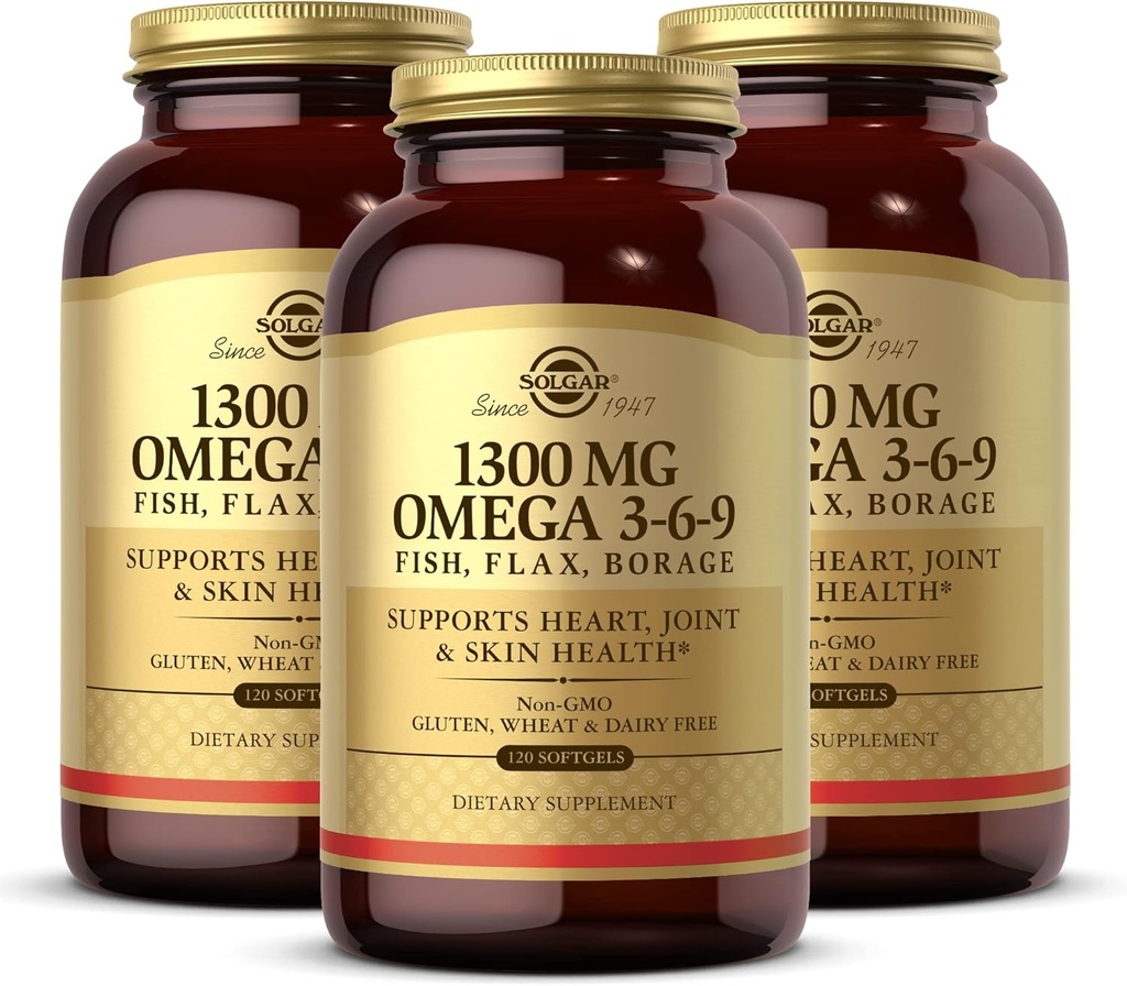Solgar 1300 mg Omega 3-6-9, 120 Softgels (Pack von 3) - Fish Oil Supplement - Unterstützung für Joint & Skin Health - Inklusive Flaxseed & Borage - Enthält EPA & DHA Omega 3 Fatty Acids - 120 Total Servings