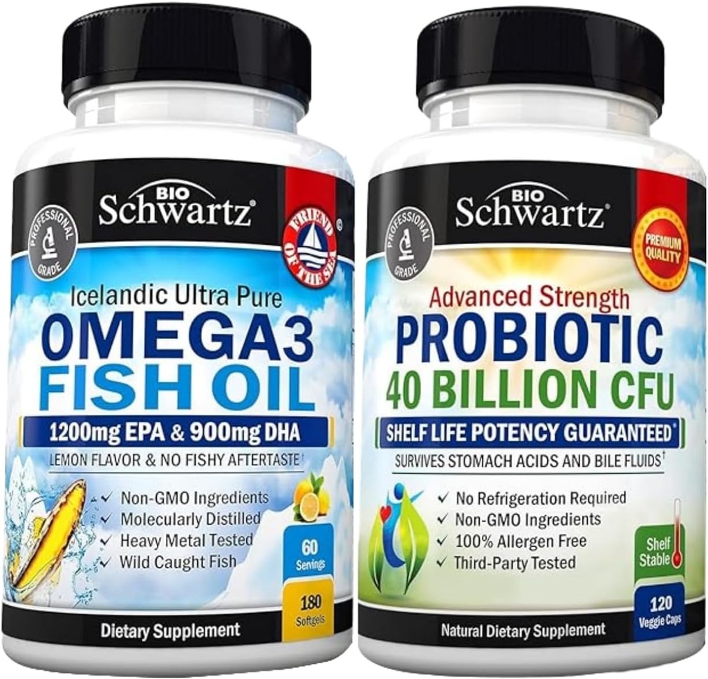 Triple Strength Omega 3 Fish Oil Softgels (2 Monate Versorgung) Plus 40 Billion CFU Daily Probiotic Supplement (2 Monate Versorgung)
