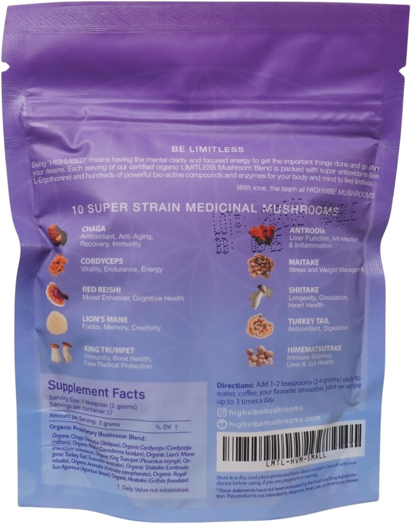 Highvibe Pilze Limitless Pilzpulver, 10-in-1 Pilzmischung, Full Spectrum Mycelium und Fruchtkörper, Bio, Vegan, Kosher, GF, Fokussierte Energie