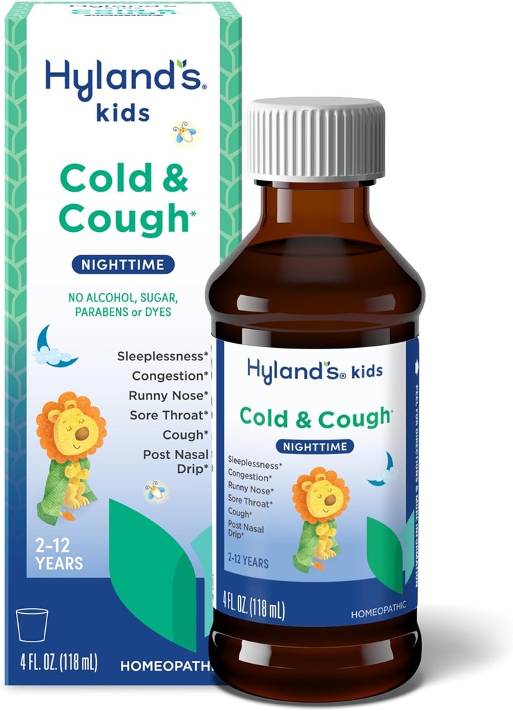Hyland's Kids Cold and Cough, Nighttime Cough Syrup Medizin für Kinder Alter 2 und höher, Decongestant, Sore Throat Relief und Schlaflosigkeit, Relief von gemeinsamen kalten Symptomen, 4 Fl Oz