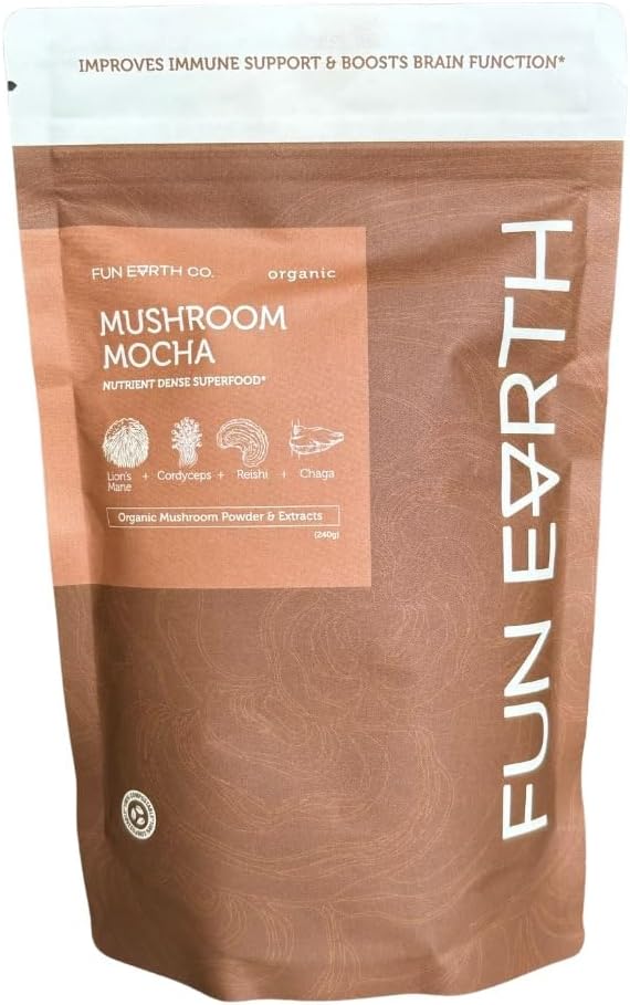 Co. Pilz Mocha | Pilz-Ergänzung | Lions Mane Powder Chaga Cordyceps Reishi | Adaptogene | Cacao Powder Vanilla | 8.47 Unze Tasche | 30 Servietten | Immununterstützung