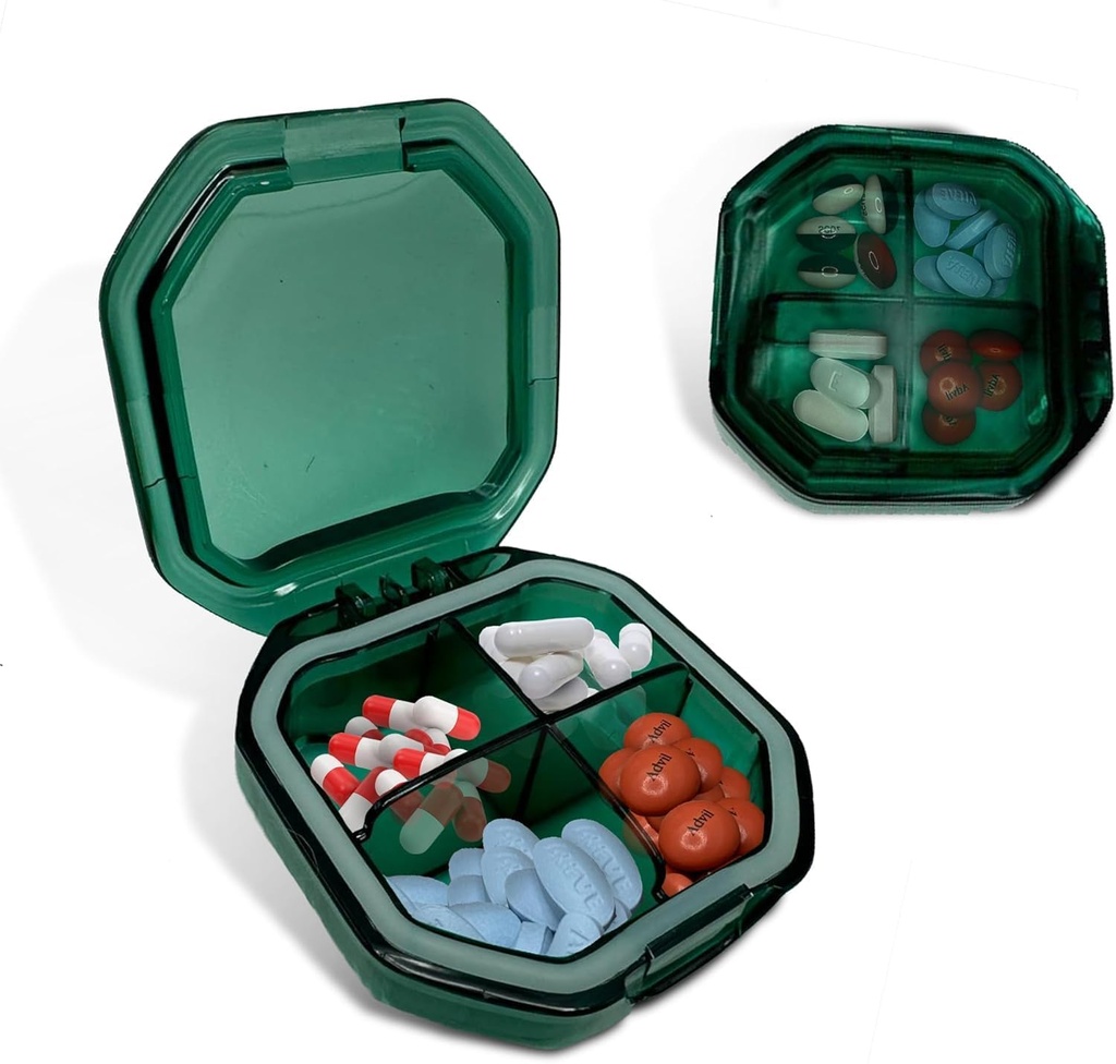Travel Pill Organizer - dauerhafte, wasserdichte Pille Fall Reisegröße mit 4 Komponenten - Kompakte Pille Reisetasche für Vitamine, Nahrungsergänzungsmittel, Medizin - Reise Pille Container für Geldbeutel (Green)