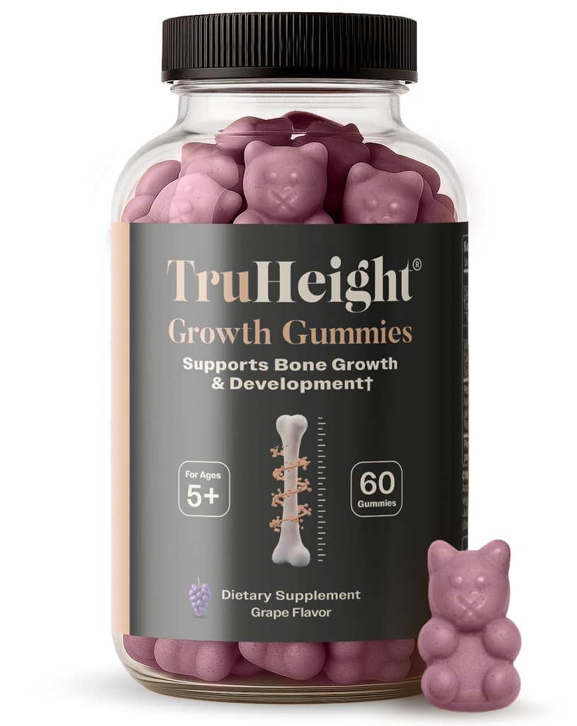 TruHeight Growth Gummies (Grape) Tall Nutrition for Natural Growth Supplement for Kids & Teens - Vitamin D, K, Calcium & Ashwagandha, Knochenstärke Vitamine D3 K2, Picky Eater, Höhere Alter 5+