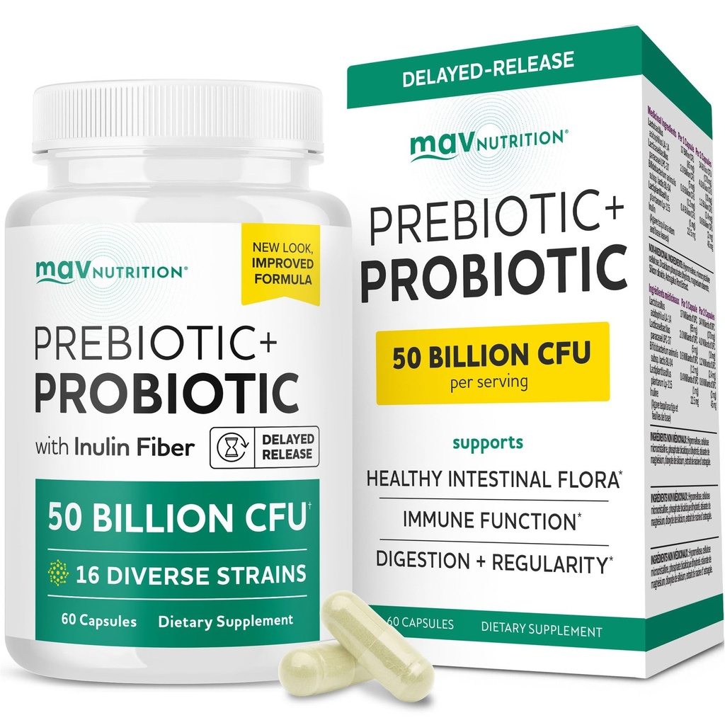 Präbiotika und Probiotika für Frauen und Männer | Prä- und Probiotika für Gut Gesundheit & Bloating Relief | Synbiotisch mit 20 Billion CFU Lactobacillus & Bifidobacterium | Shelf-Stable | Vegetarisch | 60 Ct.