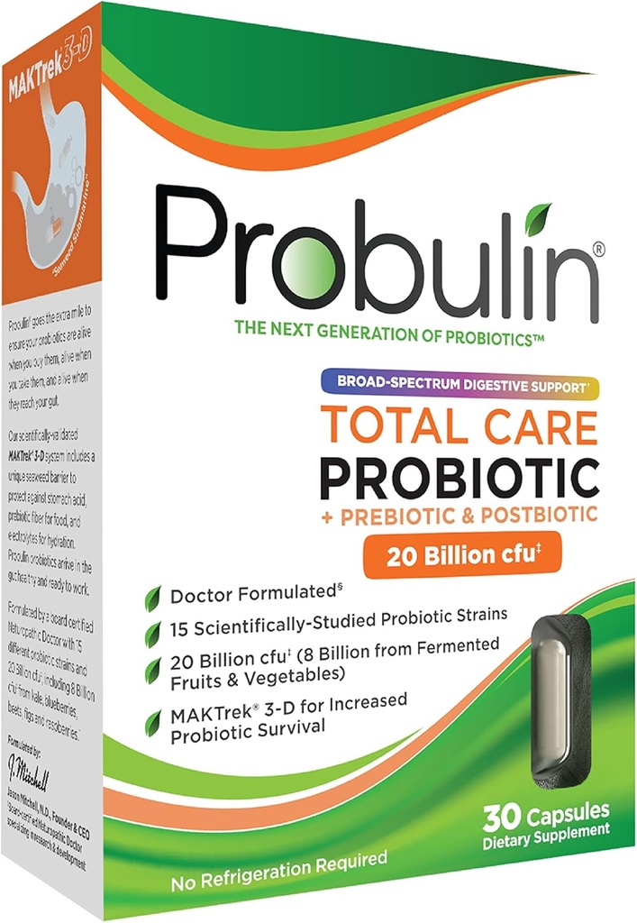 Probulin Total Care Probiotic Supplement, Daily Gut, Digestive und Immune Health Probiotics Kapseln für Männer und Frauen, 20 Billion CFU, Vegan, 30 Count Box