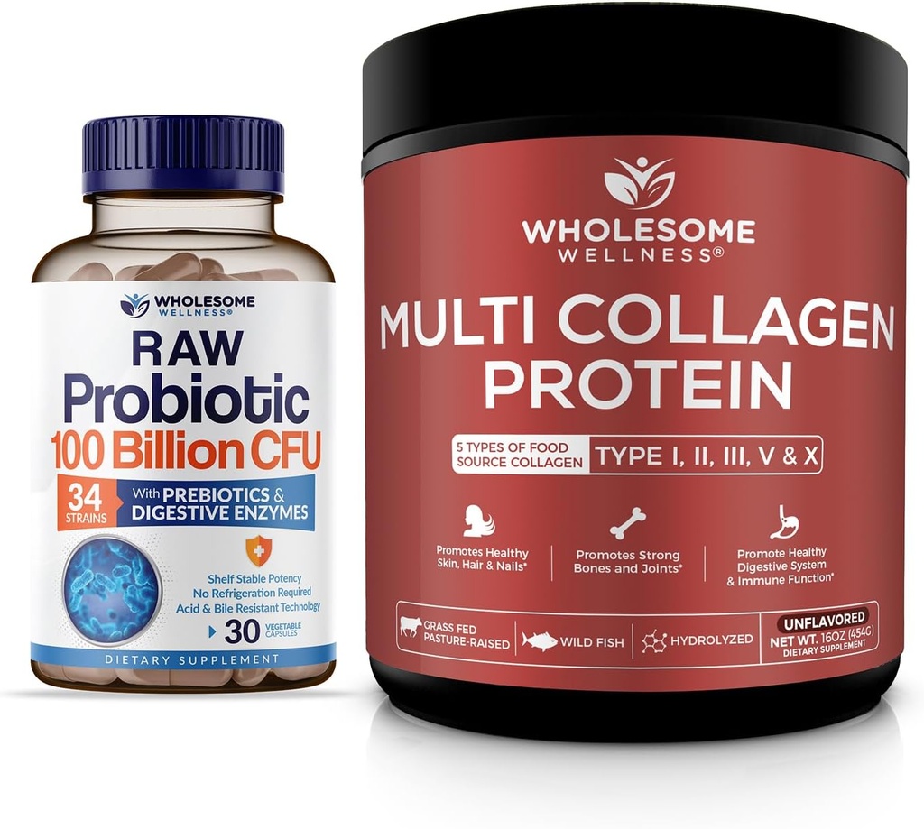 Ganzer Wellness Bio Probiotics 100 Billion CFU, Dr Formuliert für Frauen und Männer + Multi Collagen Protein Powder Hydrolyzed (Typ I II III V X) Bundle