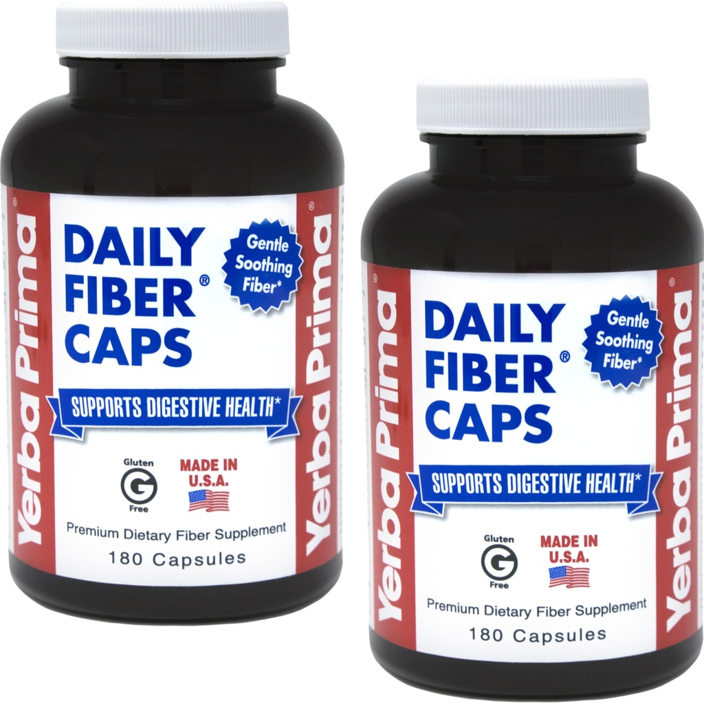 Yerba Prima Daily Fiber Formula - 180 caps (Pack von 2) - lösliche & unlösliche Nahrungsfaserergänzung - Colon Cleanse - Gut Health - Vegan, Non-GMO, Glutenfrei