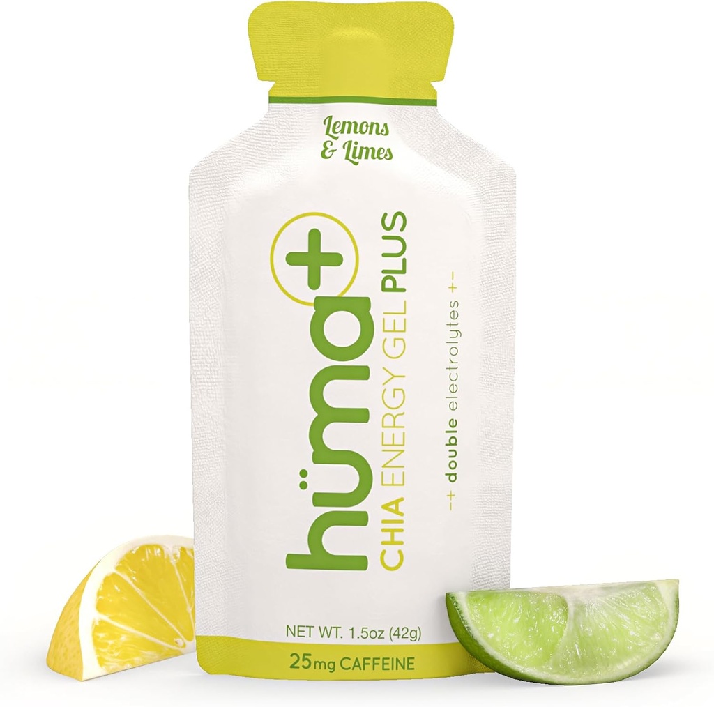 Huma Plus (Doppelelektrolyte) - Chia Energy Gel, Lemon Lime, 24 Gels, 25mg Koffein - Stomach Friendly, Real Food Energy Gels