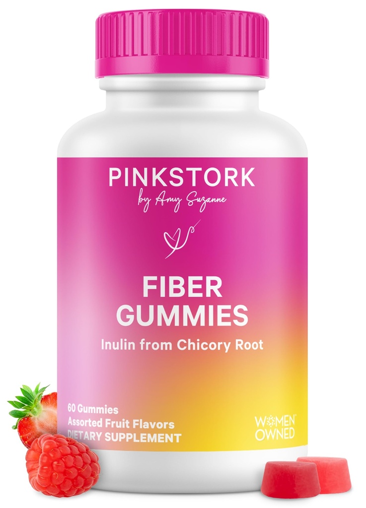 Pink Stork Prenatal Fiber Gummis für Damen - 3g Prebiotic Inulin von Chicory Root - Natürliche Schwangerschaft & Postpartum Hocker Weichspüler für Verstopfung & Verdauungsmedizin - 60 Vegan Fiber Chews