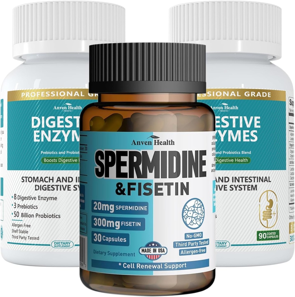 Spermidin & Fisetin Longevity Bundle: 20mg Spermidin + 300mg Fisetin + Verdauungsenzyme für Gutgesundheit – Aging Defense, Cell Renewal, & Digestive Relief für Männer & Frauen