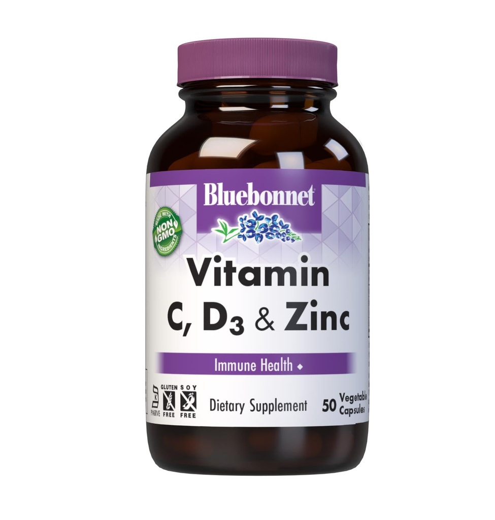 BlueBonnet Nutrition Vitamin C, D3 & Zink, Immune Health*, Non-GMO, Kosher Zertifiziert, Glutenfrei, Sojafrei, Dairy-frei, 50 Gemüsekapseln, 50 Servierkörper