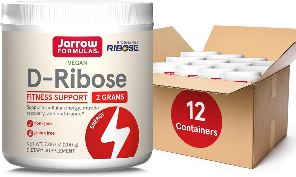 Jarrow Formulas D-Ribose Powder - 200g - Nahrungsergänzung unterstützt Muskelrückgewinnung, Energie & Endurance - 100% Pure - Vegan - Non-GMO - ca. 90 Servierungen, Packung mit 12