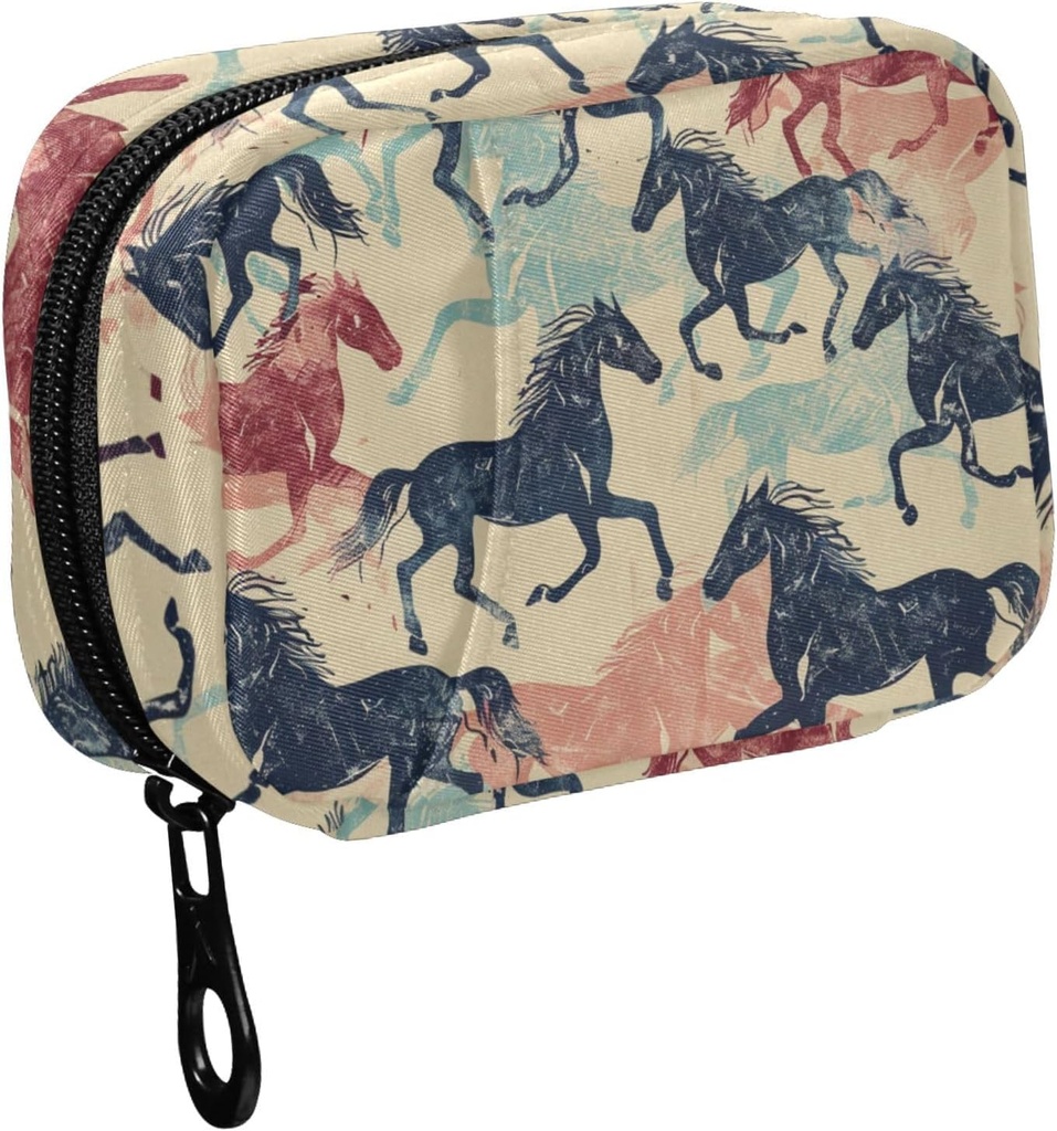 Fustylead Retro Buntes Laufen Pferd Silhouette Pille Organizer für Geldbörse, Wöchentliche tragbare Pille Box mit Reißverschluss zu Lagerung Vitamine Fischöle Medikamente Ergänzungen