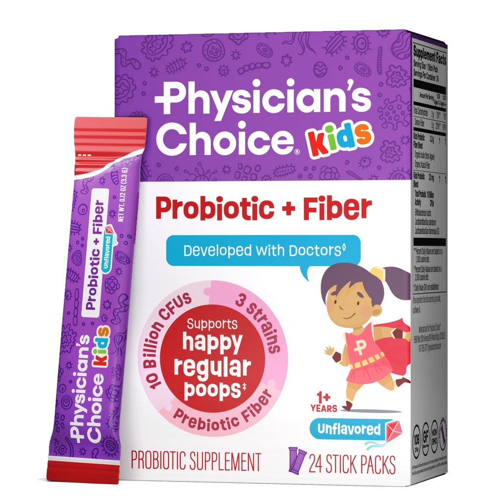 Physician's Choice Kids Probiotic + Prebiotic Fiber Packets (Ages 1+) - Unterstützt Regularity, Occasional Constipation & A Healthy Digestive System - No Allergens or Preservatives - Unflavored - 24 Pack