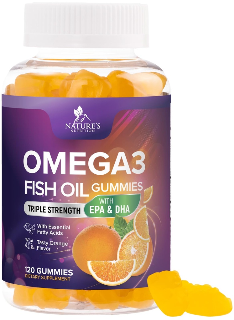 Omega 3 Fish Oil Gummis - 3X Strength Heart Health Support - High Absorption Omega 3 Fish Oil Gummy Supplement mit DHA & EPA - Joint & Brain Unterstützung für Erwachsene - Tasty Orange Flavor - 120 Gummis