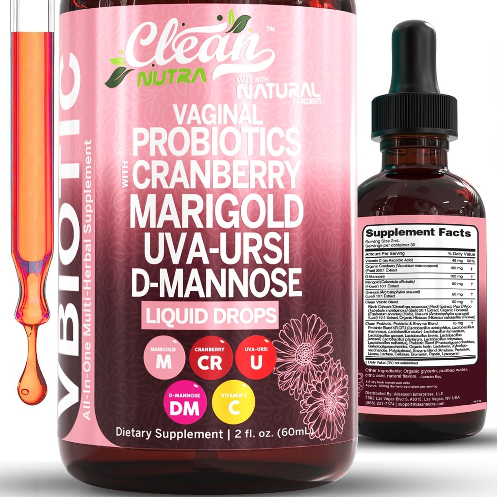 Clean Nutraceuticals VBiotic Vaginal Probiotic für Frauen Flüssigkeitstropfen | Cranberry Uva Ursi Pferdeschwanz D-Mannose Prebiotics Marigold & Black Cohosh Vaginal Health Supplement | pH Balance