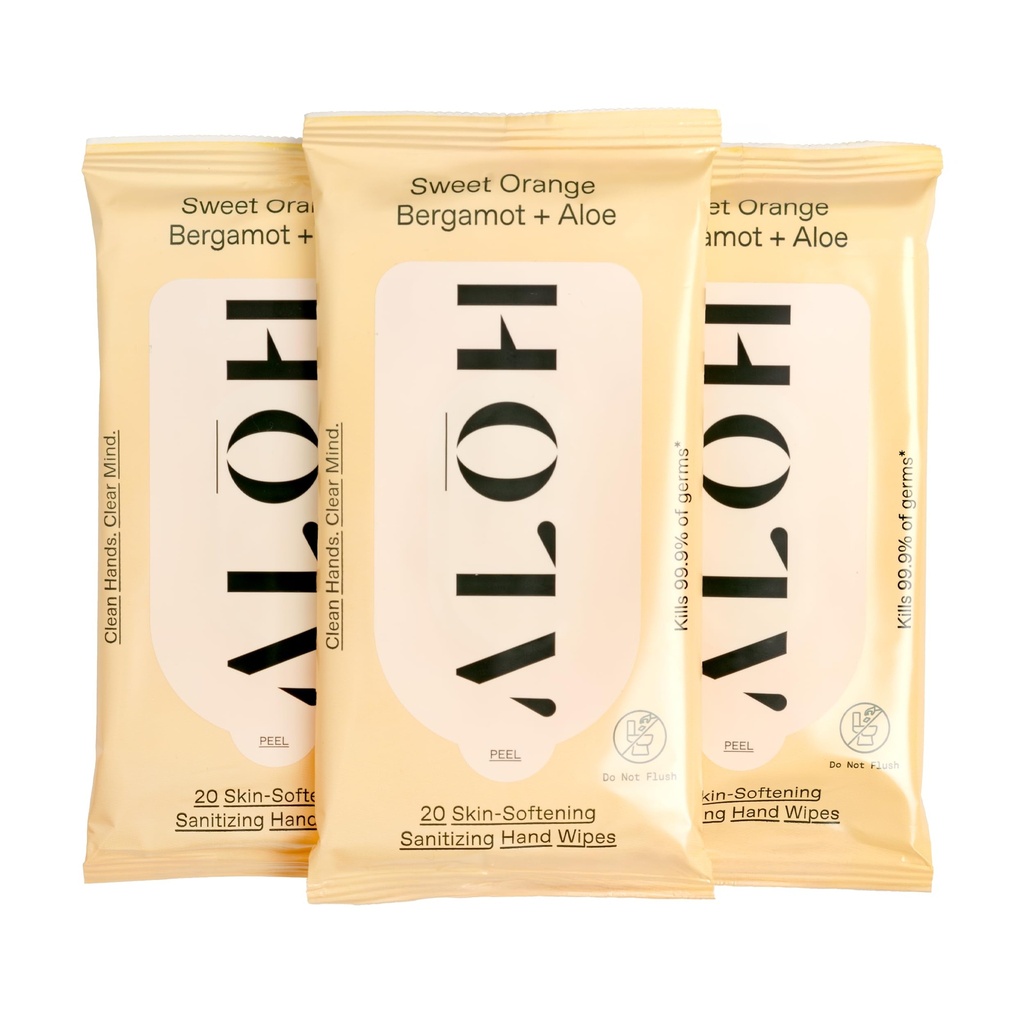 ALŌH Sweet Orange Bergamotte + Aloe Sanitizing Hand Wipes - Saubere Hände, Klarer Verstand - Auf der Go Hand Sanitizing Wipes für Kinder und Erwachsene - Reisegröße 3 Pack 20ct Wipes (60 Tücher)