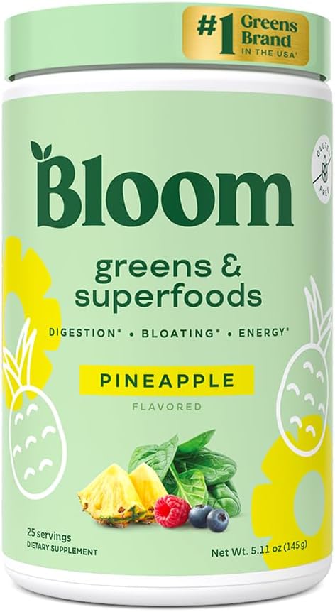 Bloom Nutrition Superfood Greens Powder, Digestive Enzyme mit Probiotika und Präbiotika, Gut Health, Bloating Relief für Frauen, Chlorella, Green Juice Mix mit Rübe Root Powder, 25 SVG, Ananas