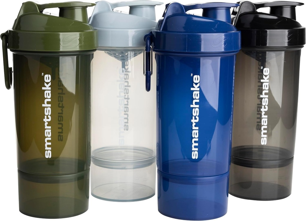 Smartshake O2GO ONE 4-Pack Protein Shaker Bottle 800 ml | 27 oz - Storage Included - Leakproof Screw-on Lid - BPA Free – Unisex - Mist Gray, Army Green, Black, Navy Blue