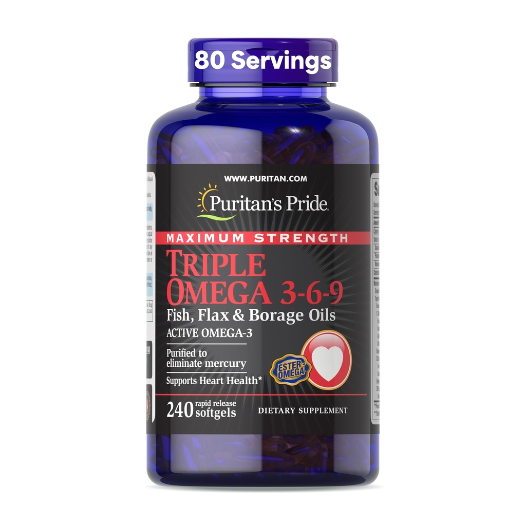 Puritan's Pride Premium Maximale Stärke Dreifach aktive Omega 3-6-9 Fisch-, Flachs- und Borretschöle, Nahrungsergänzungsmittel für Herz-, Gelenk- und Zellgesundheitsunterstützung, 240 Schnellfreisetzung Softgels