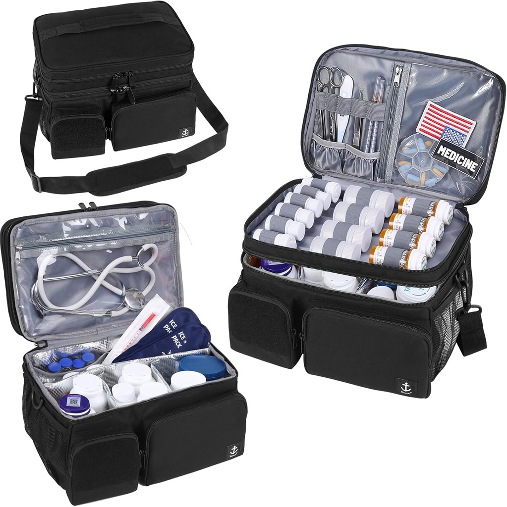 Double Layers Medizin Tasche mit insulated Compartment Pill Bottle Organizer mit abschließbarem Reißverschluss,Travel Medicine Organizer mit weichen Schulterriemen für Pillen Flaschen, medizinische Versorgung