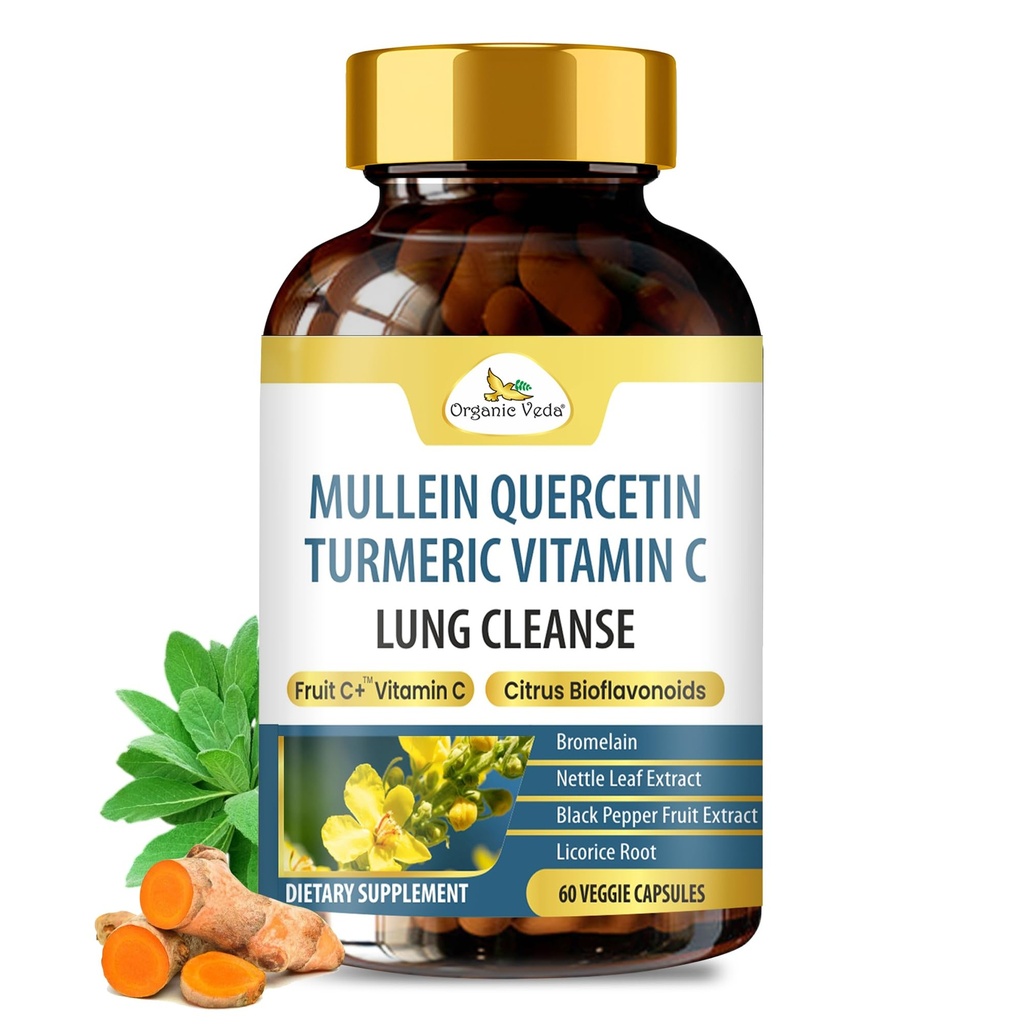 Bio Veda Mullein Turmeric Quercetin Lung Cleanse Capsules - Leistungsstarke Bioflavonoide, Superfruits Vitamin C, Bromelain, Mullein Leaf Extract - Bronchial & Clear Lungs Supplement - 60 Vegan Pillen