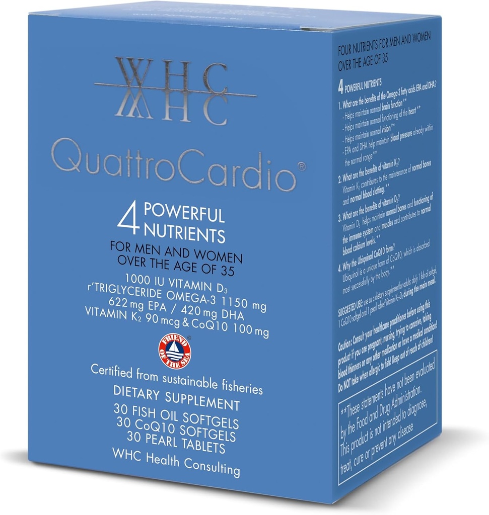 WHC QuattroCardio Omega-3 1200 mg, Vitamin D3 1000 IU, EPA 600 mg, DHA 495 mg, Vitamin K2 90 mcg, CoQ10 100 mg, Natürliche Orange, 30 Fish Oil Softgels, 30 CoQ10 Softgels & 30 Pearl Tablets Vitamin K2+D3