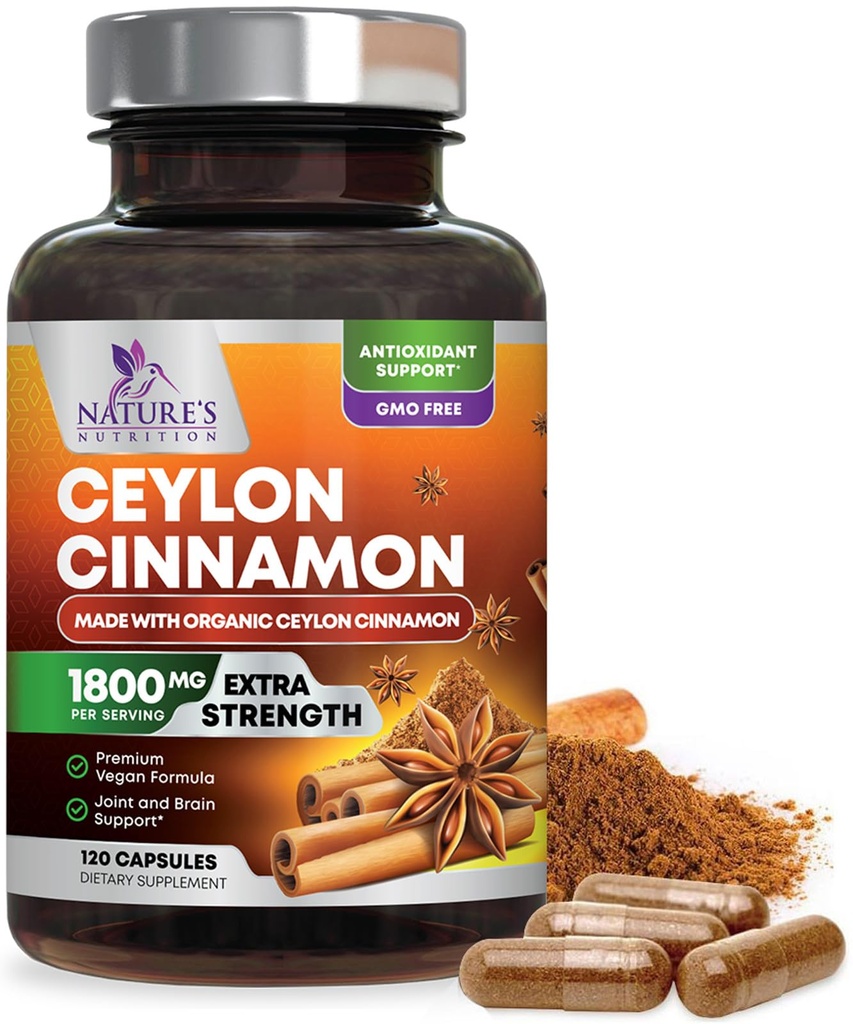 Organic Ceylon Cinnamon Supplement 1800mg - Zertifizierte Bio Ceylon Cinnamon Pulver Pillen - Energie & Herz Unterstützung für Frauen und Männer, in den USA, Antioxidans, Glutenfrei, Non-GMO - 120 Kapseln