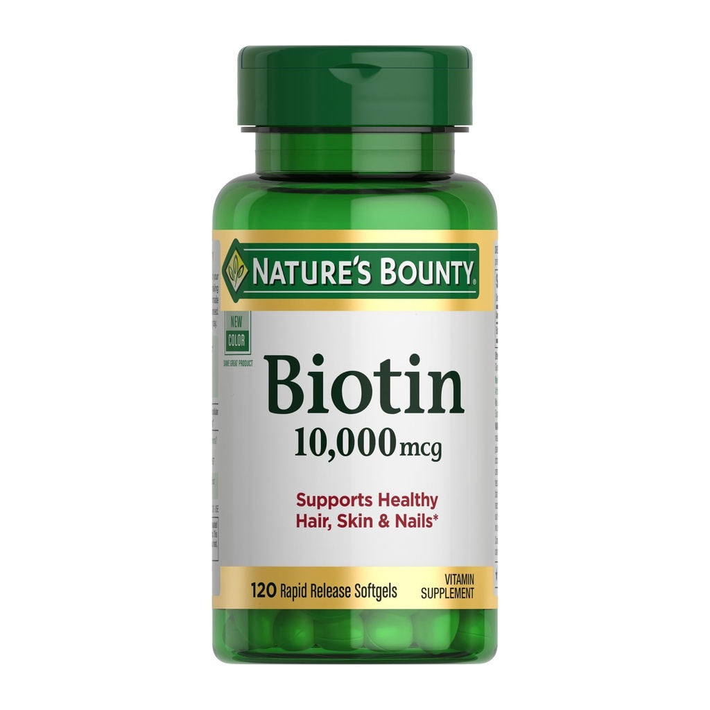 Nature's Bounty Biotin Hair Skin and Nails Vitamins, Unterstützt gesundes Haar, Haut und Nägel, 10.000 mcg, 120 Softgels (Pack von 1)