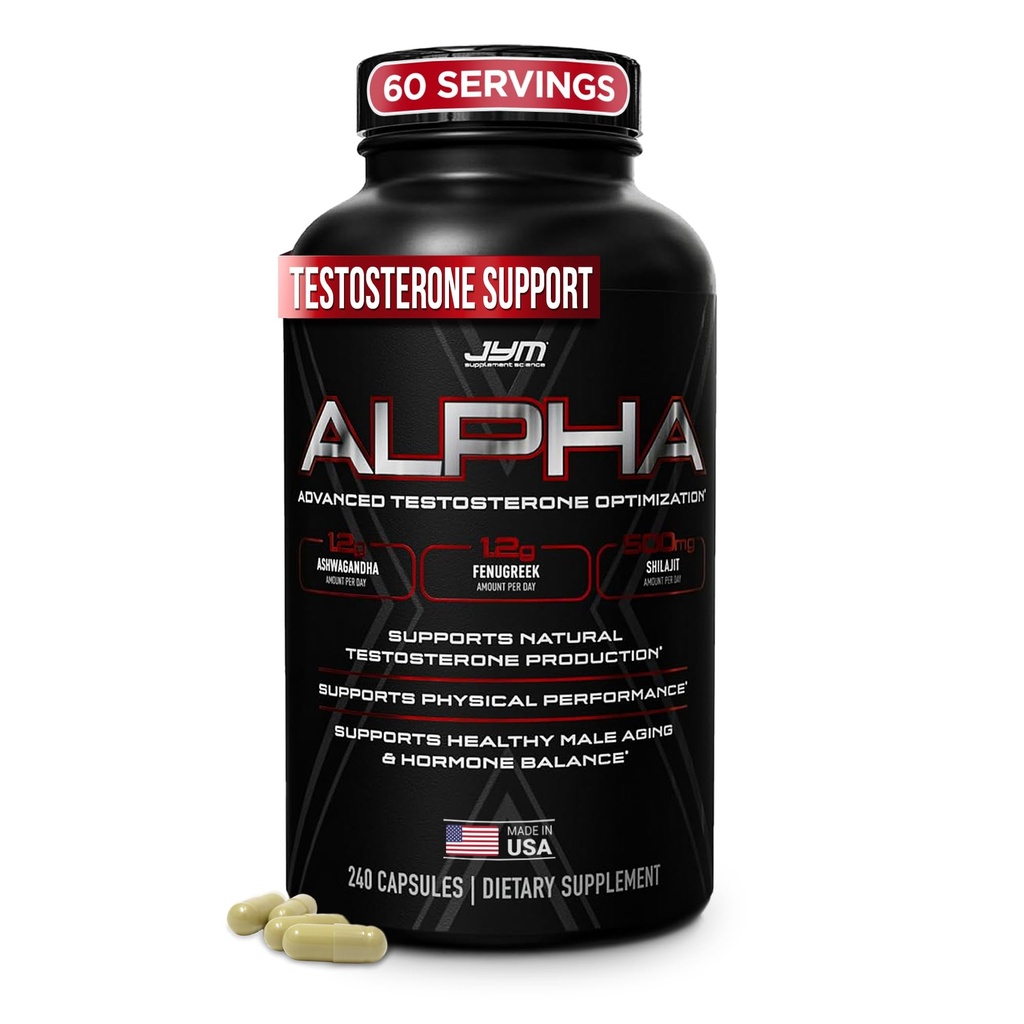 Alpha JYM X Advanced Hormone Optimierung, Vitalität, Optimierung, DHEA, Ashwagandha, Boron, Shilajit, Fenugreek, Eurycoma, Damiana, Quercetin, DIM, JYM Supplemental Science, 240 Kapseln