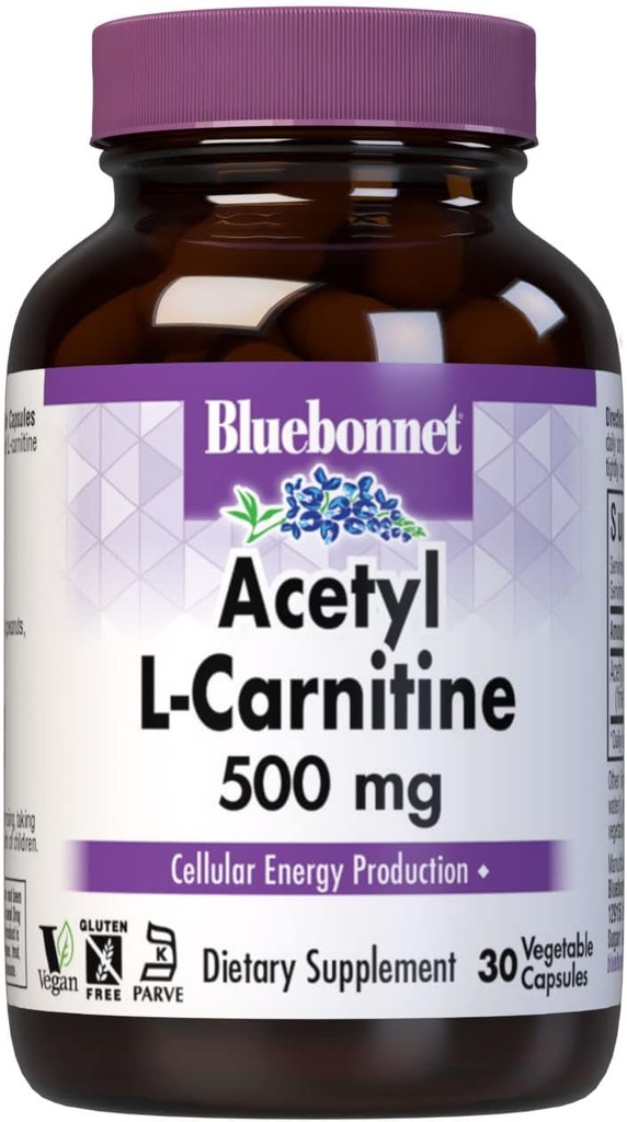 Bluebonnet Nutrition Acetyl L-Carnitin, Transporte Fettsäuren, Boosts Cellular Energy, Soy & Glutenfrei, Kosher Certified, Vegan, 30 Gemüsekapseln, Weiß, 500mg