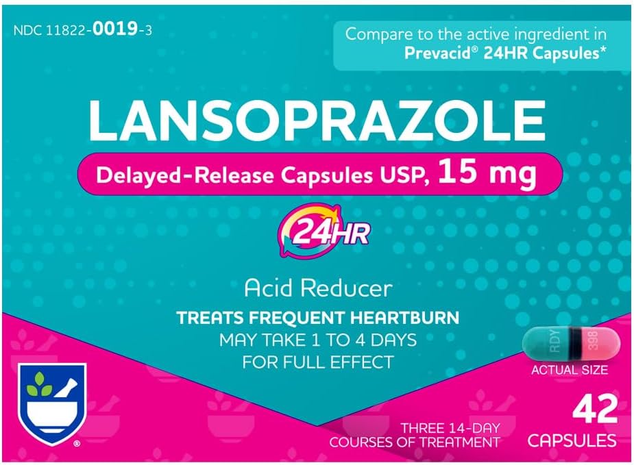 Rite Aid Lansoprazole 15mg - 42 Capsules, Acid Reducer Delayed Release Capsules USP, Heartburn Relief and Acid Reflux, Up to 24 Hours of Relief